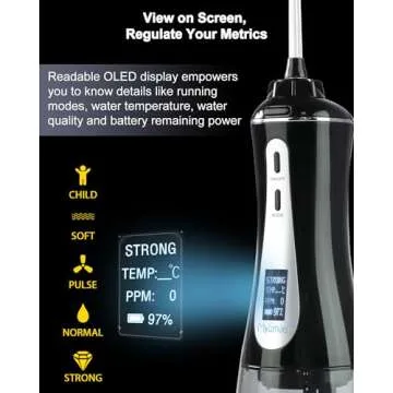 MySmile Powerful Cordless 350ML Water Dental Flosser Portable OLED Display Oral Irrigator with 5 Pressure Modes 8 Replaceable Jet Tips and Storage Bag for Home Travel Use (Black)