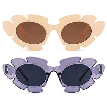 COASION Trendy Cat Eye Flowers Sunglasses for Women Men Retro Fashion Nude Chunky Shades UV400 Protection Sun Glasses (Beige/Light Brown + Purple/Black)