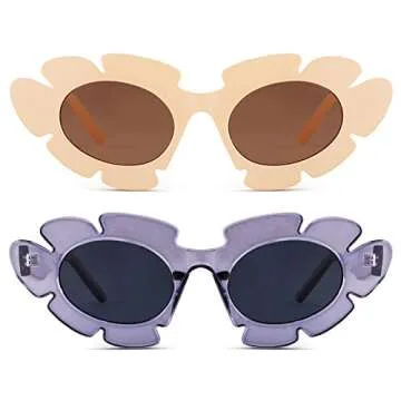 COASION Trendy Cat Eye Flowers Sunglasses for Women Men Retro Fashion Nude Chunky Shades UV400 Protection Sun Glasses (Beige/Light Brown + Purple/Black)
