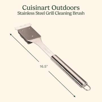 Cuisinart Stainless Steel 16.5" Long Handle Grill Cleaner Brush and Scraper for BBQ, Griddle, Grills, Cookout Tool, Outdoor Grill Brush