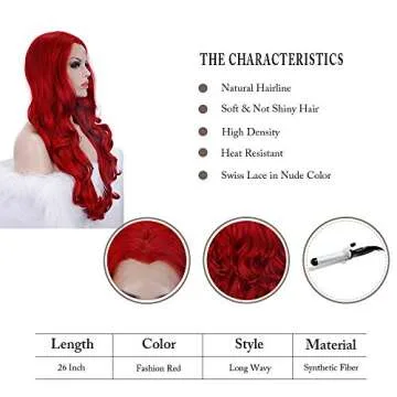 IMSTYLE Lace Front Wigs Long Wavy Synthetic Wig for Women Natural Hairline Mera Cosplay Party Halloween Heat Resistant Hair 26inch (Red #3100) (Red)