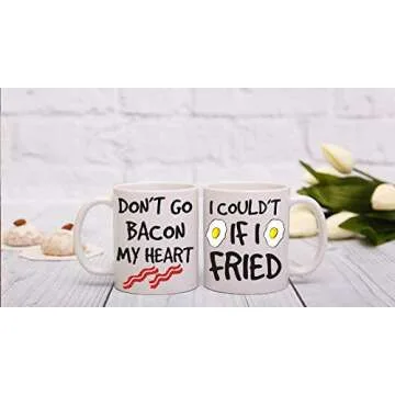 AW Fashions Don't Go Bacon My Heart, Could't If I Fried - Funny Couple Mug - (2) 11OZ Coffee Mug - Funny Mug Gift Set - Mugs For Husband and Wife His And Her Gifts