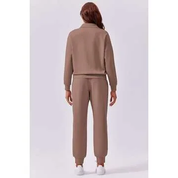 PINSPARK Travel Outfits for Women 2 Piece 2024 Fall Long Sleeve Lounge Sets Jogger Sets Half Zip Sweatsuits Tracksuits with Kangaroo Pockets,Taupetastic Large