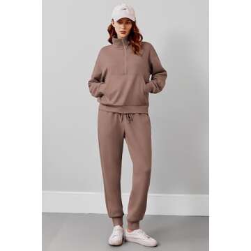 PINSPARK Travel Outfits for Women 2 Piece 2024 Fall Long Sleeve Lounge Sets Jogger Sets Half Zip Sweatsuits Tracksuits with Kangaroo Pockets,Taupetastic Large