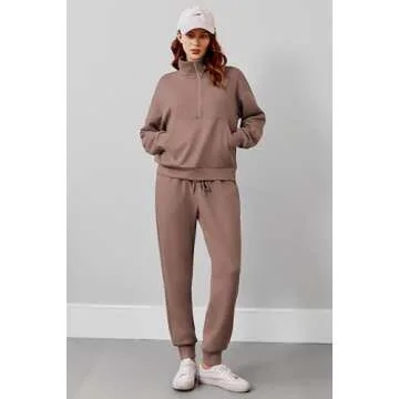 PINSPARK Travel Outfits for Women 2 Piece 2024 Fall Long Sleeve Lounge Sets Jogger Sets Half Zip Sweatsuits Tracksuits with Kangaroo Pockets,Taupetastic Large