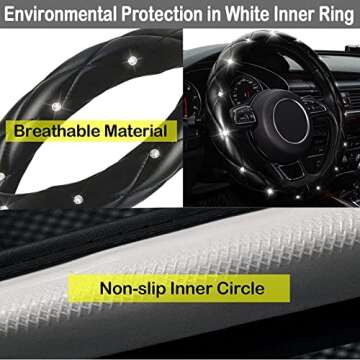 Xizopucy Diamond Leather Bling Steering Wheel Cover, Universal Car Steering Wheel Protector with Crystal Rhinestones Anti-Slip Soft Interior Accessories for Women and Girl Fit 15 inch -Black