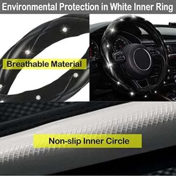 Xizopucy Diamond Leather Bling Steering Wheel Cover, Universal Car Steering Wheel Protector with Crystal Rhinestones Anti-Slip Soft Interior Accessories for Women and Girl Fit 15 inch -Black