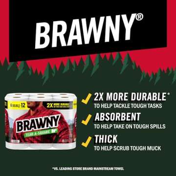 Brawny Tear-A-Square Paper Towels, 12 Double Rolls = 24 Regular Rolls, 3 Sheet Sizes (Quarter, Half,...