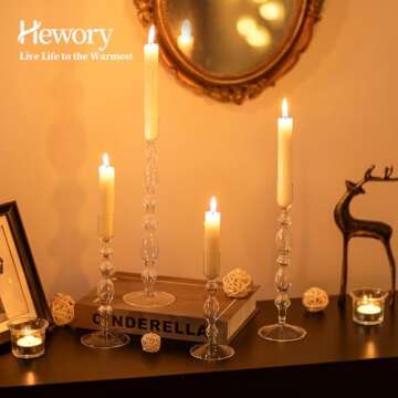 Hewory Glass Candle Holder Set: 4PCS Clear Glass Candlestick Holders Vintage Taper Candle Holders for Candlesticks, Unique Candle Sticks Holder Decor for Table Dinner Festival Events Decorations