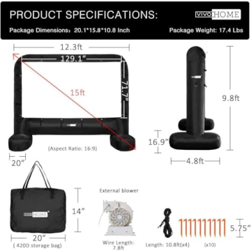 VIVOHOME 15 Feet Indoor and Outdoor Inflatable Blow up Mega Movie Projector Screen with Carry Bag for Front and Rear Projection