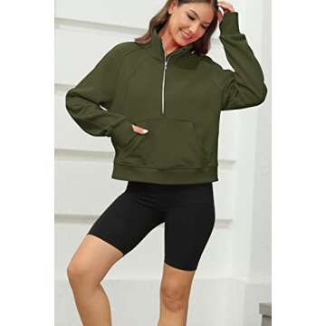 Womens Sweatshirts Half Zipper Crop Pullover Funnel Neck Fleece Lined Zip Up Long Sleeve Tops Thumb Hole Army Green