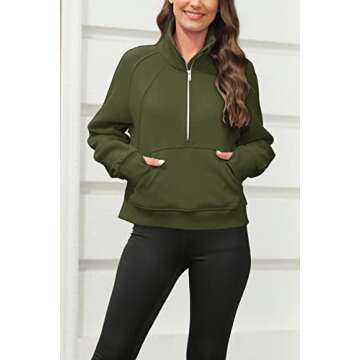 Womens Sweatshirts Half Zipper Crop Pullover Funnel Neck Fleece Lined Zip Up Long Sleeve Tops Thumb Hole Army Green