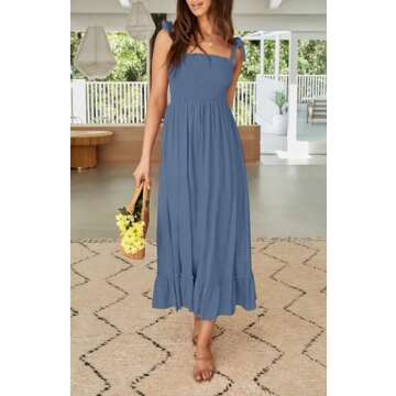ZESICA Women's Summer Boho Spaghetti Strap Square Neck Solid Color Ruffle A Line Beach Long Maxi Dress,Dustyblue,Small