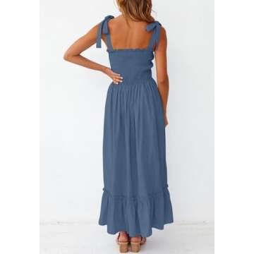 ZESICA Women's Summer Boho Spaghetti Strap Square Neck Solid Color Ruffle A Line Beach Long Maxi Dress,Dustyblue,Small