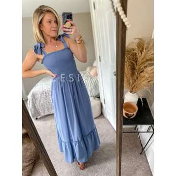 ZESICA Women's Summer Boho Spaghetti Strap Square Neck Solid Color Ruffle A Line Beach Long Maxi Dress,Dustyblue,Small