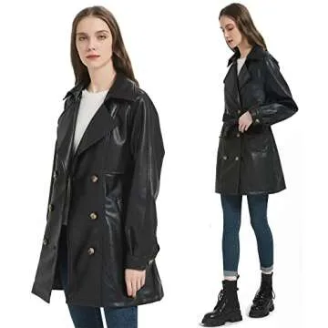 RISISSIDA Women Faux Leather Long Jacket Double Breasted, Vegan Pleather Mid Length Coats with Belt Black S