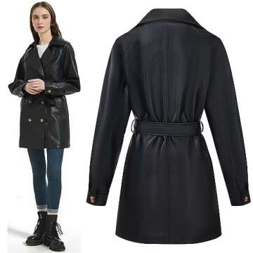 RISISSIDA Women Faux Leather Long Jacket Double Breasted, Vegan Pleather Mid Length Coats with Belt Black S