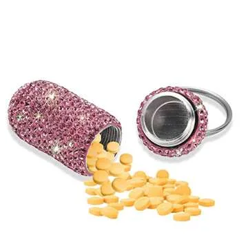 Portable Pill Case Pill Container Waterproof Pill Holder with Keychain Bling Pill Box Medicine Dispenser Bottle Storage for Outdoor Camping Travel (Pink)
