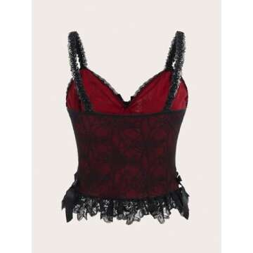 SHENHE Women's Lace Bow Front Spaghetti Strap V Neck Camisole Y2K Goth Crop Top Tank Red Plus XX-Large Plus