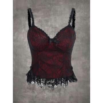 SHENHE Women's Lace Bow Front Spaghetti Strap V Neck Camisole Y2K Goth Crop Top Tank Red Plus XX-Large Plus