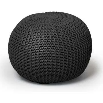 Hand Woven Black Round Knit Pouf for Stylish Spaces
