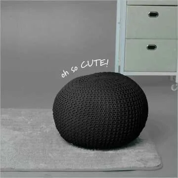 Hand Woven Black Round Knit Pouf for Stylish Spaces