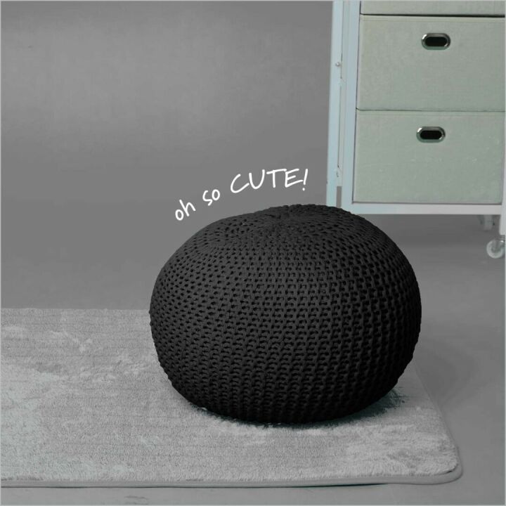 Hand Woven Black Round Knit Pouf for Stylish Spaces