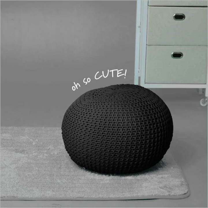 Hand Woven Black Round Knit Pouf for Stylish Spaces