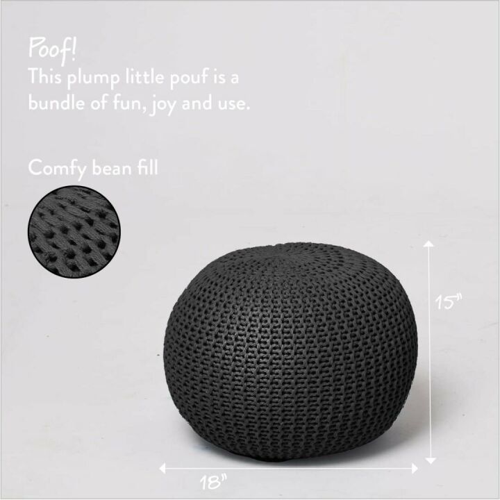 Hand Woven Black Round Knit Pouf for Stylish Spaces