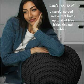 Hand Woven Black Round Knit Pouf for Stylish Spaces