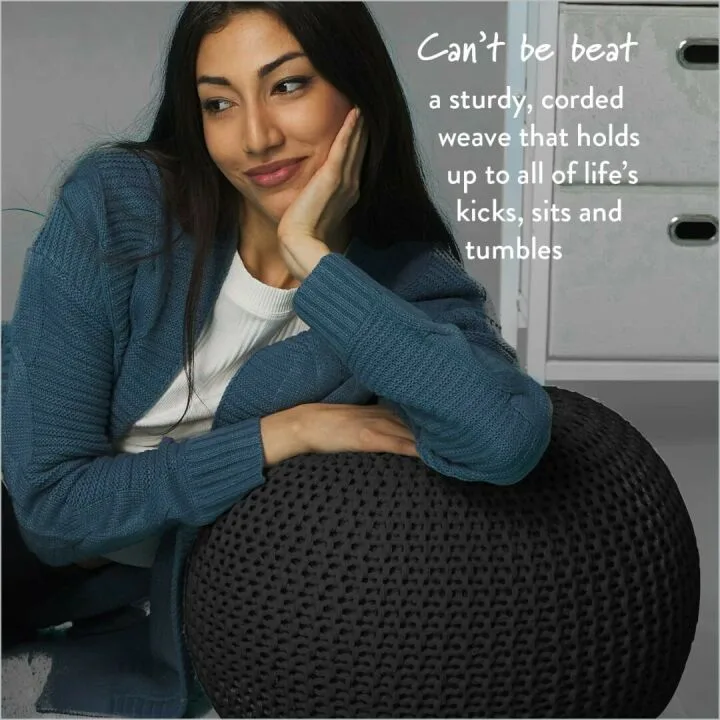 Hand Woven Black Round Knit Pouf for Stylish Spaces