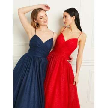 WaterDress Womens Elegant Glitter Tulle Prom Dresses Long for Wedding V Neck Spaghetti Straps Formal...