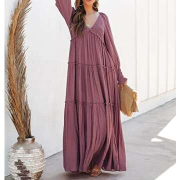 R.Vivimos Maxi Dress for Women Long Sleeve V Neck Empire Waist Layered Ruffle Boho Casual Flowy Long Dresses (Small, DarkRose)