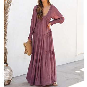 R.Vivimos Maxi Dress for Women Long Sleeve V Neck Empire Waist Layered Ruffle Boho Casual Flowy Long Dresses (Small, DarkRose)