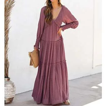 R.Vivimos Maxi Dress for Women Long Sleeve V Neck Empire Waist Layered Ruffle Boho Casual Flowy Long Dresses (Small, DarkRose)