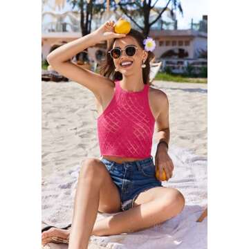 AI'MAGE Women's Crochet Cover Up Set Hollow Out Swimsuit Coverup 2 Piece Knit Beachwear with Drawstring(Rose, Small)