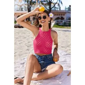 AI'MAGE Women's Crochet Cover Up Set Hollow Out Swimsuit Coverup 2 Piece Knit Beachwear with Drawstring(Rose, Small)