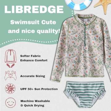 LIBREDGE Toddler Girls Swimsuit 2 Pieces Long Sleeve Rash Guard Set 5t Bathing Suit Summer Kids Swimwear Floral/Light Green 5T