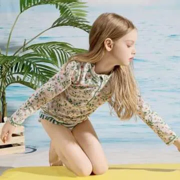 LIBREDGE Toddler Girls Swimsuit 2 Pieces Long Sleeve Rash Guard Set 5t Bathing Suit Summer Kids Swimwear Floral/Light Green 5T