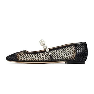 FOWT Women Square Toe Slip on Flats Pearl Studded Strap Elegant Pumps Wedding Bride Prom Dressy Shoe...