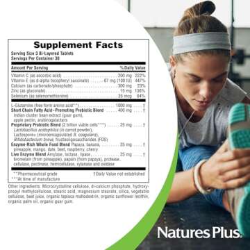 Natures Plus GI Natural Total Digestive Wellness - 90 Bi-Layered Tablets - with L-Glutamine, Probiotics, Prebiotics & Enzymes - Gluten Free - 30 Servings