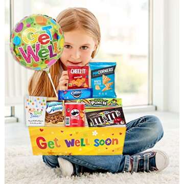 GET WELL GIFT basket, package for kids Unisex, child boy or girl Care package, Feel better soon for home or hospital after surgery w/Balloon, candy & snacks & greeting card