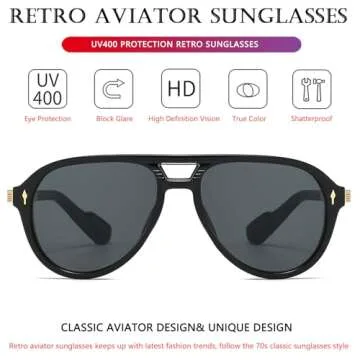 AIEYEZO Retro Aviator Sunglasses for Men Women Classic Military Pilot Sun Glasses 70s Vintage Shades (Black/Gold)