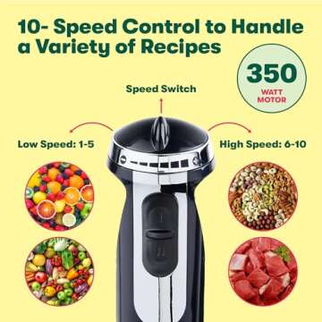 BELLA 10-Speed Immersion Blender with Attachments, 350 Watt, Immersion Blender with Dishwasher Safe Whisk & Blending Attachments for Food Prep, Black