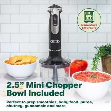 BELLA 10-Speed Immersion Blender with Attachments, 350 Watt, Immersion Blender with Dishwasher Safe Whisk & Blending Attachments for Food Prep, Black