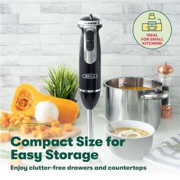 BELLA 10-Speed Immersion Blender with Attachments, 350 Watt, Immersion Blender with Dishwasher Safe Whisk & Blending Attachments for Food Prep, Black