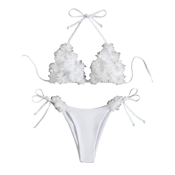 GORGLITTER Women's Appliques Triangle Bikini Set - Stylish Halter Wireless Bra Swimsuit - White - Si...