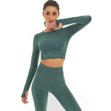 Toplook Women Seamless Workout Outfits Athletic Set Leggings + Long Sleeve Top (Dark Green, Large)