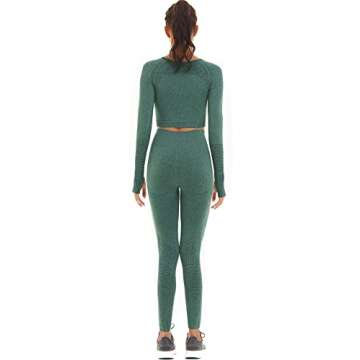 Toplook Women Seamless Workout Outfits Athletic Set Leggings + Long Sleeve Top (Dark Green, Large)