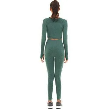 Toplook Women Seamless Workout Outfits Athletic Set Leggings + Long Sleeve Top (Dark Green, Large)